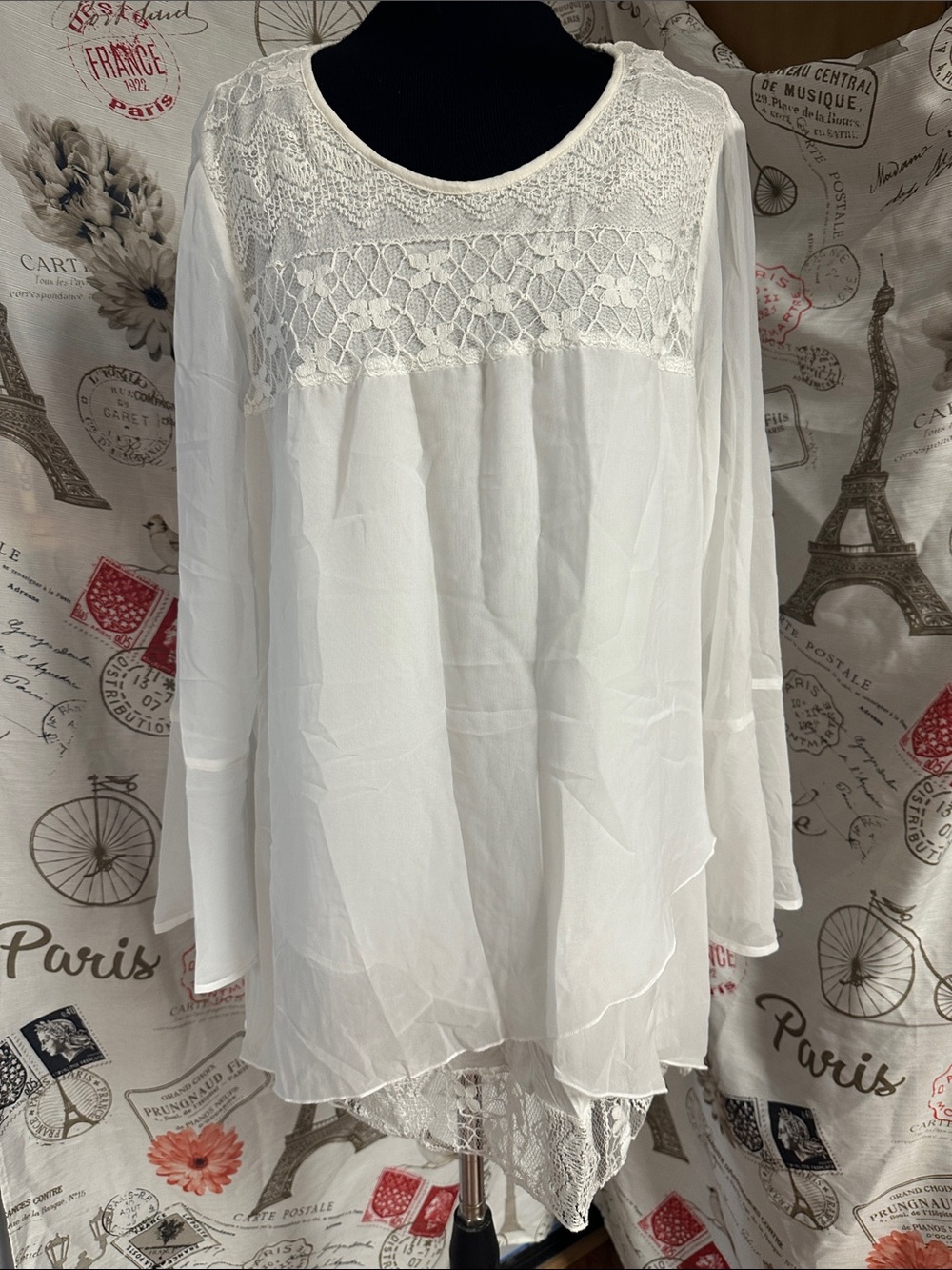 Krazy Kat Women's White Lace Yoke Long-Sleeve Boho Top